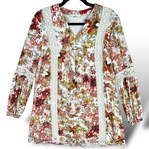 Entro‎ Boho Floral Crochet Accents Dress Women's Size Medium Flowy Gauzy Lined